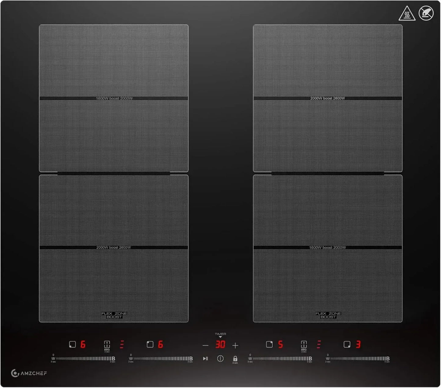AMZCHEF plaque à induction 4 zones avec flexibilité et booster, fonctionnement silencieux, barbecue intégré, maintien au chaud, 7400W