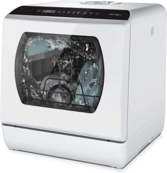 Hermitlux Lave-vaisselle Compact 4 Couverts - 5 Programmes, Stérilisation 75°C, Nettoyage Intégral, Double Alimentation (Réservoir 5L/Robinet)