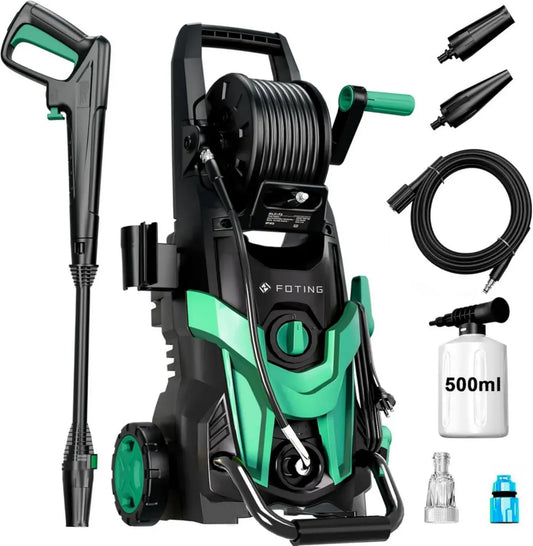 Nettoyeur haute pression 145 bar, buse 6-en-1, débit 420 l/h, idéal maison, jardin et voiture, avec canon à mousse 500 ml