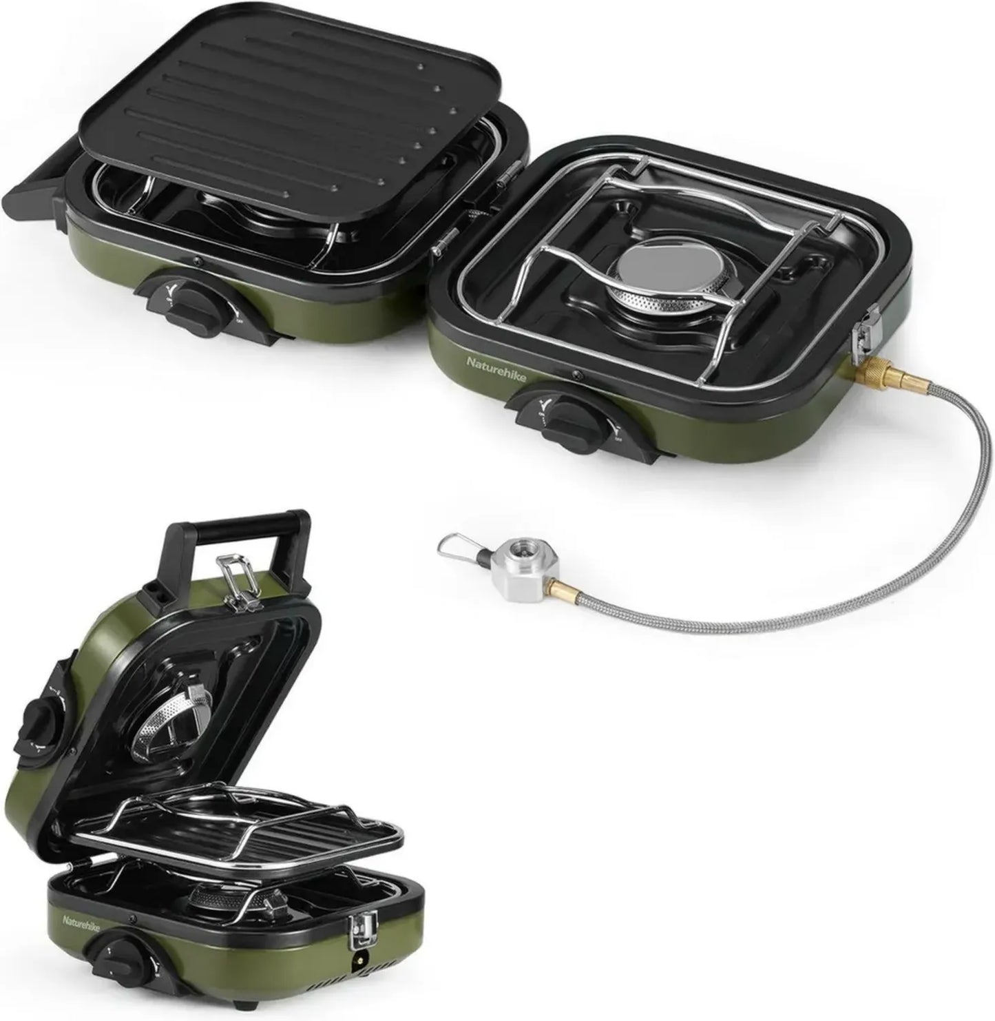 Réchaud de Camping Pliable 2-en-1 avec Grill - 2 Brûleurs Réglables