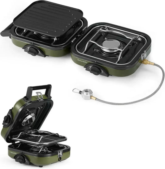 Réchaud de Camping Pliable 2-en-1 avec Grill - 2 Brûleurs Réglables