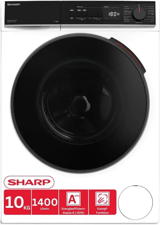 Lave-linge Sharp 10kg, Éco A, 1400 tr/min, Vapeur, WiFi, Rapide, AquaStop, DoubleJet, Blanc