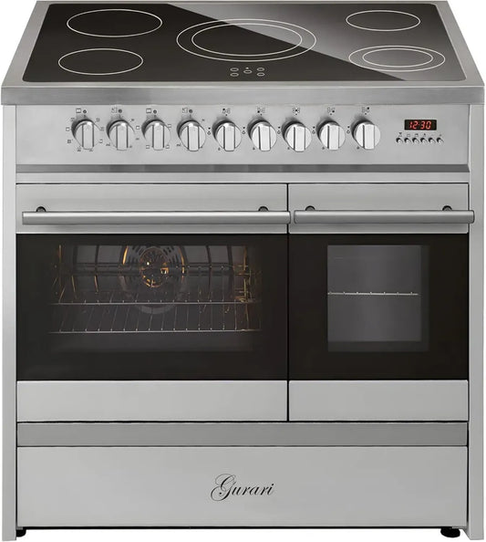 Cuisinière électrique en vitrocéramique 90 cm inox avec double four et 5 zones High Light