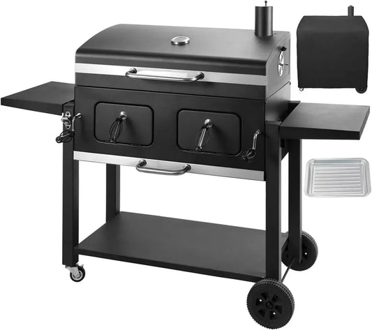 Barbecue au Charbon avec Couvercle Étanche et Tables Latérales, Fumeur Réglable, Jauge de Température, Idéal pour Jardin et Camping