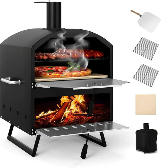 Four à Pizza Portable en Bois pour Extérieur, Grande Capacité avec Pierre et Accessoires, Idéal pour Camping et BBQ