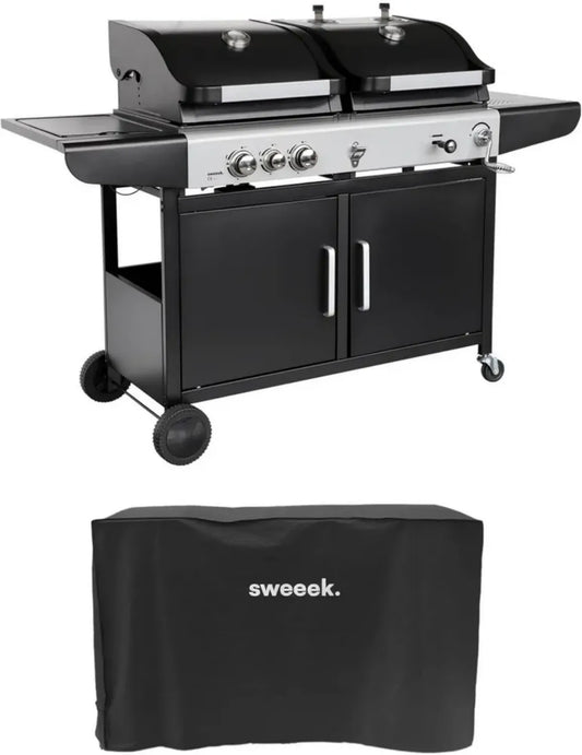 Barbecue Combiné Gaz et Charbon 2 en 1 avec 3 Brûleurs et Feu Latéral, Grille et Fumoir, Tablettes et Housse Incluses