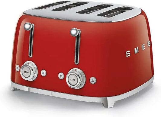 Smeg Grille-Pain Rouge 4 Tranches, 2000W, 6 Niveaux de Brunissage, Décongélation et Bagel