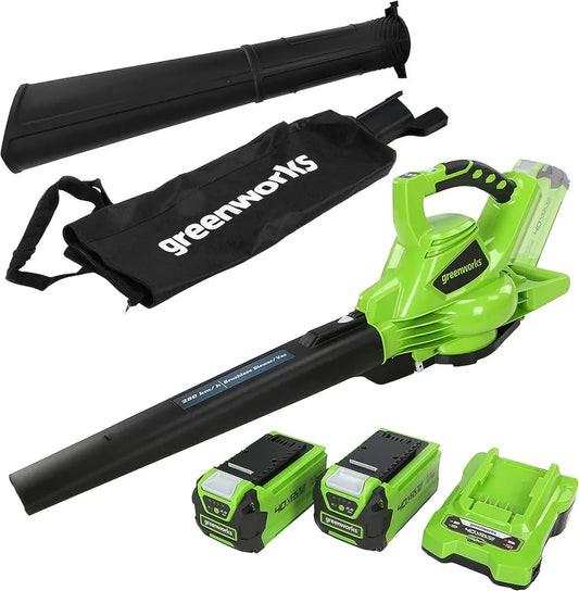 Aspirateur Souffleur Sans Fil 40V Greenworks avec Moteur Sans Balais, Sac de 45L, Batteries et Chargeur Inclus